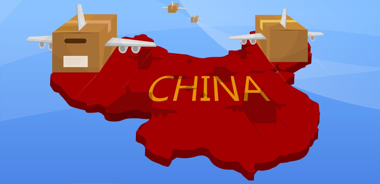 China as a hub of global supply chains, illustrated with airplanes delivering goods worldwide - PTL Group